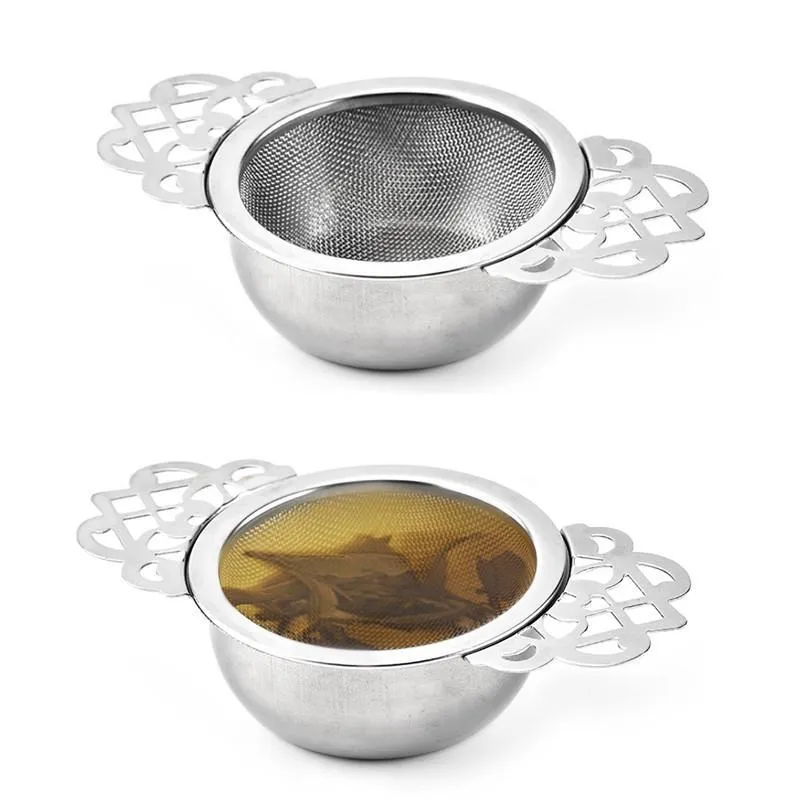 Stainless Steel Tea Strainer Tea Filter with Bottom Cup Double Handle Bulk Spice Filter Reusable Tea Strainer Teapot Accessories