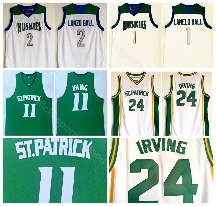 Basket del liceo del college St Patrick 24 Kyrie Irving Jersey 11 Chino Hills Huskies 2 Lonzo Ball 1 Lamelo Ball White Green Uniform