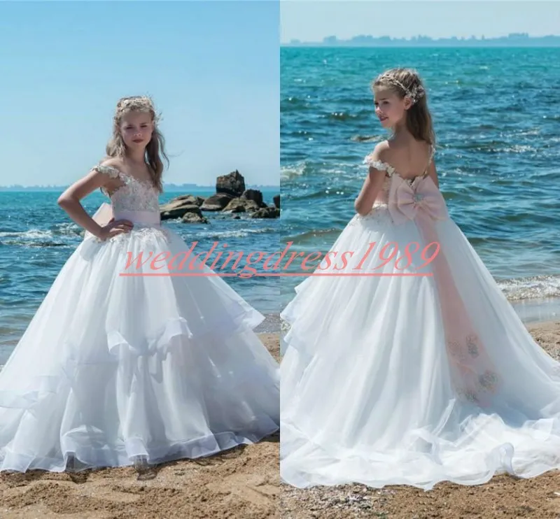 Prinzessin Schleife Blumenspitze Blumenmädchenkleider Tüll Mädchen Party Festzug Kleid Baby Geburtstag Kleider Kinder formelle Kleidung Erstkommunion Kleid