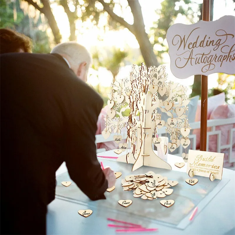 Signe de mariage livre d'or souhaitant arbre Signature livres d'or avec coeurs en bois pendentif ornements pour décor de fête fournitures de mariage