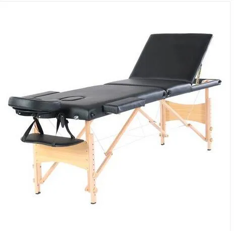 Les ventes chaudes!!! En gros 84 "3 Sections Pliant Portable Hêtre Jambe Beauté Massage Table 60 CM Large Hauteur Réglable Noir