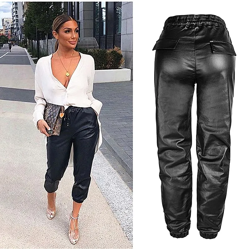 Pantalones de piel de imitaci n a la moda de primavera 2020 pantalones el sticos de talla grande para mujer pantalones gruesos de Pu para oto o