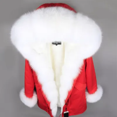 Maomaokong Brand white fox fur trim Threshold women snow coats white fox and rabbit fur lining red long parkas with cuff fur