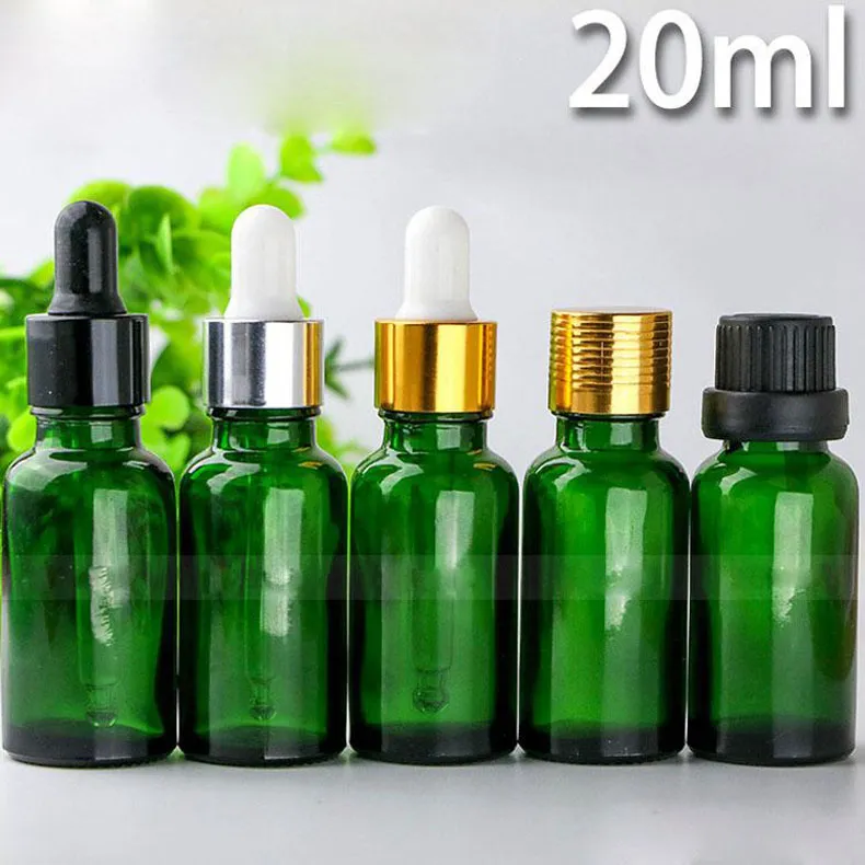 Оптовая 625pcs 20мла Стекло жидких пипеток Бутылочка 20 мл Green Eye Dropper масла падение бутылки Ароматерапия Упаковка Флаконы 5 колпачков на выбор