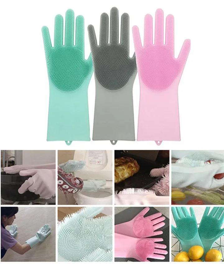 Magic Silicone Scrubber Rubber Cleaning Gloves Dusting Dish Washing Pet Care Grooming Hair Car Insulated Kitchen Helper c829