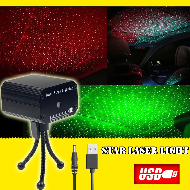 Etapa nuevo cielo estrellado Mini luz láser roja y verde Tesoro de carga portátil Luz láser de control de sonido del coche USB