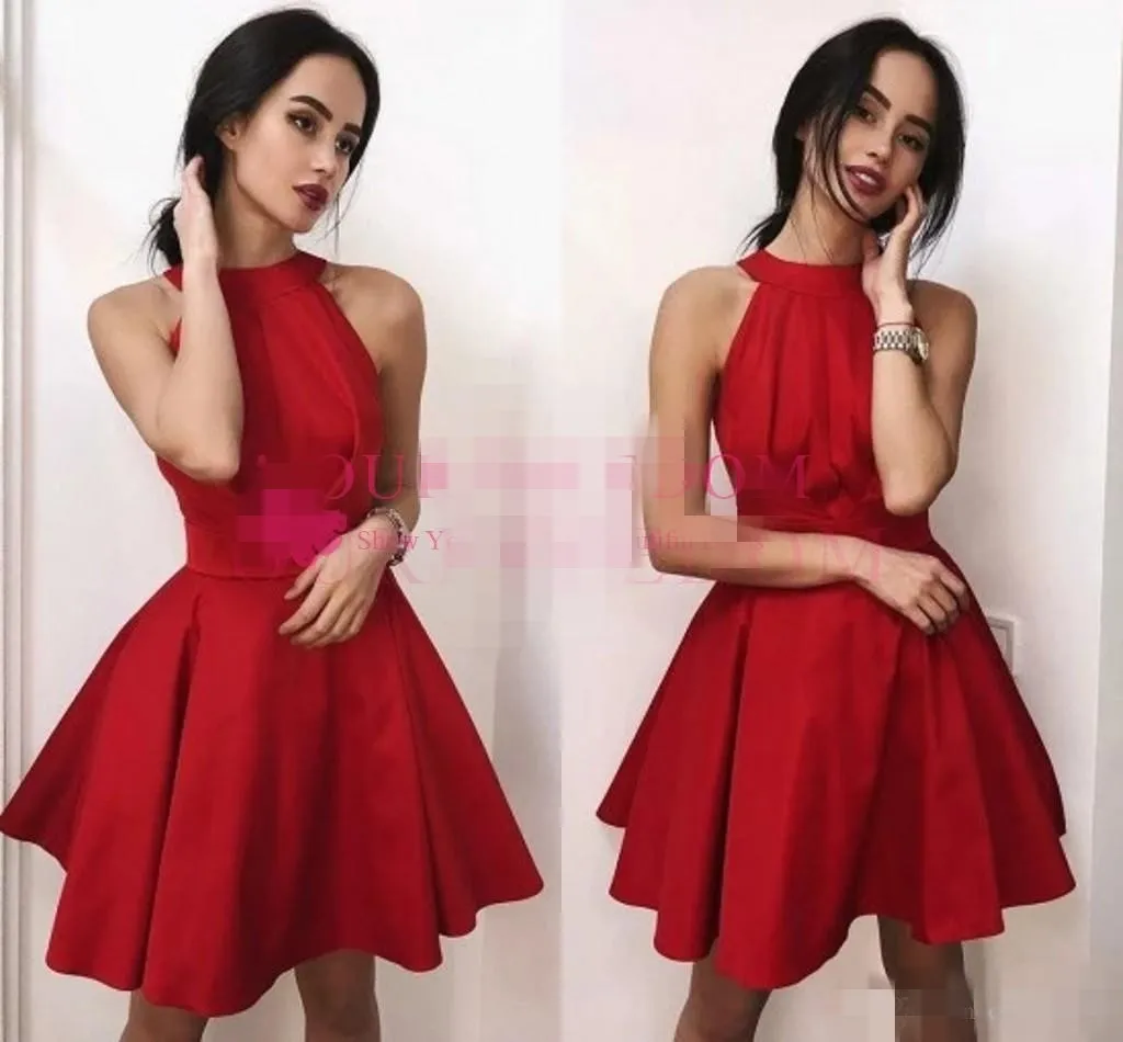 2019 eenvoudige rode homecoming jurken satijnen halter mouwloze korte mini cocktail party gown prom bal junioren formele slijtage op maat gemaakt