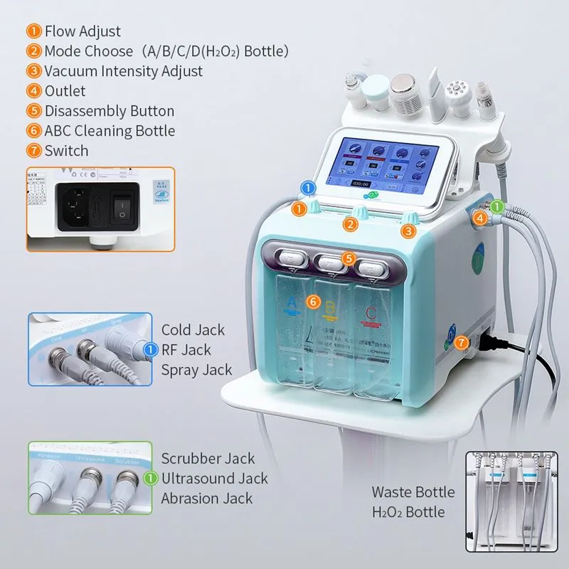 Portable 6 en 1 H2 O2 Hydra machine faciale Dermabrasion Hydro Water Microdermabrasion Aqua Peeling RF Skin Scrubber Oxygen Spray