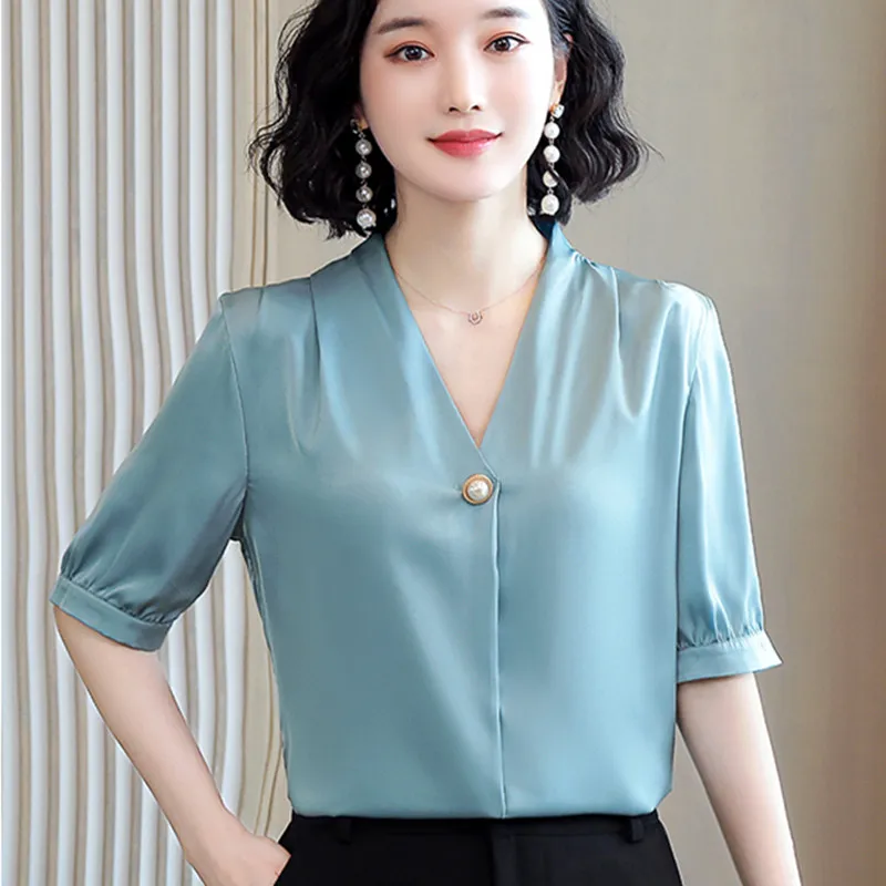 Blusas Femininas Camisas Coreano Silk Mulheres Cetim Blusa Tops Elegante  Mulher V Pescoço Curto Manga Plus Size Blusas Mujer De Moda 2021 De $169,94