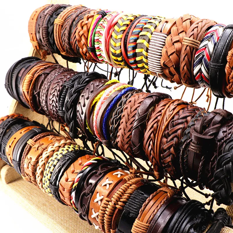 Couro preto de café de Brown das mulheres dos homens do vintage do surfista de pulso Cuff Bangle Pulseiras Jóias (Tamanho ajustável) Atacado