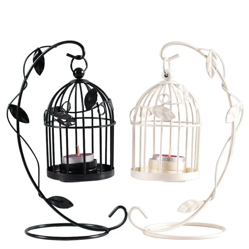 Creative Birdcage Tealight Candle Holder Romantic Iron Bird Cage Hanging Lantern for Party Wedding Home Decoration White Black