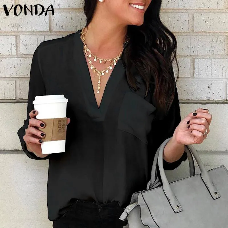 VONDA Mujeres Camisas Sexy 2019 V Cuello Sólido Blusas Negras Moda De Verano Femenino Ocasional Blusas Femininas Tallas Tops De 36,96 | DHgate