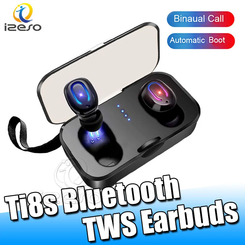 TI8S TWS Oorbuds Bluetooth 5.0 Handsfree True Wireless Stereo Hoofdtelefoon Gaming Sports Designer Mini Headsets met 400mAh Charger Bin Izeso