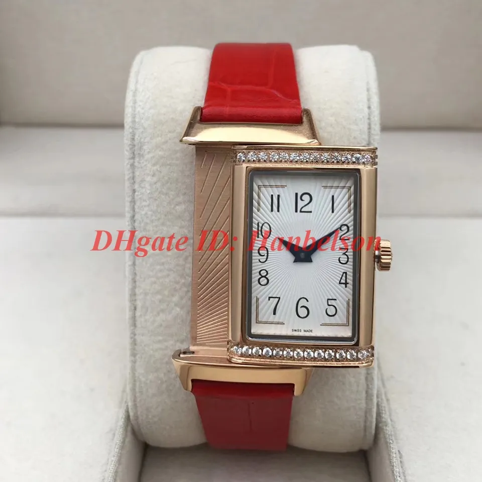 Nieuwe horloges 3352420 Diamant Rechthoekige Dame Horloges Reverso Hoge Kwaliteit Case Flip Functie Lederen Band Quartz Polshorloge