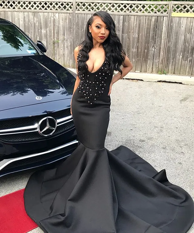 Girls Sexy Black Mermaid Prom Deep V Neck Satin Sequined Beads Pearls Sweep Train Formal Special Ocn Dresses Robes De Soire
