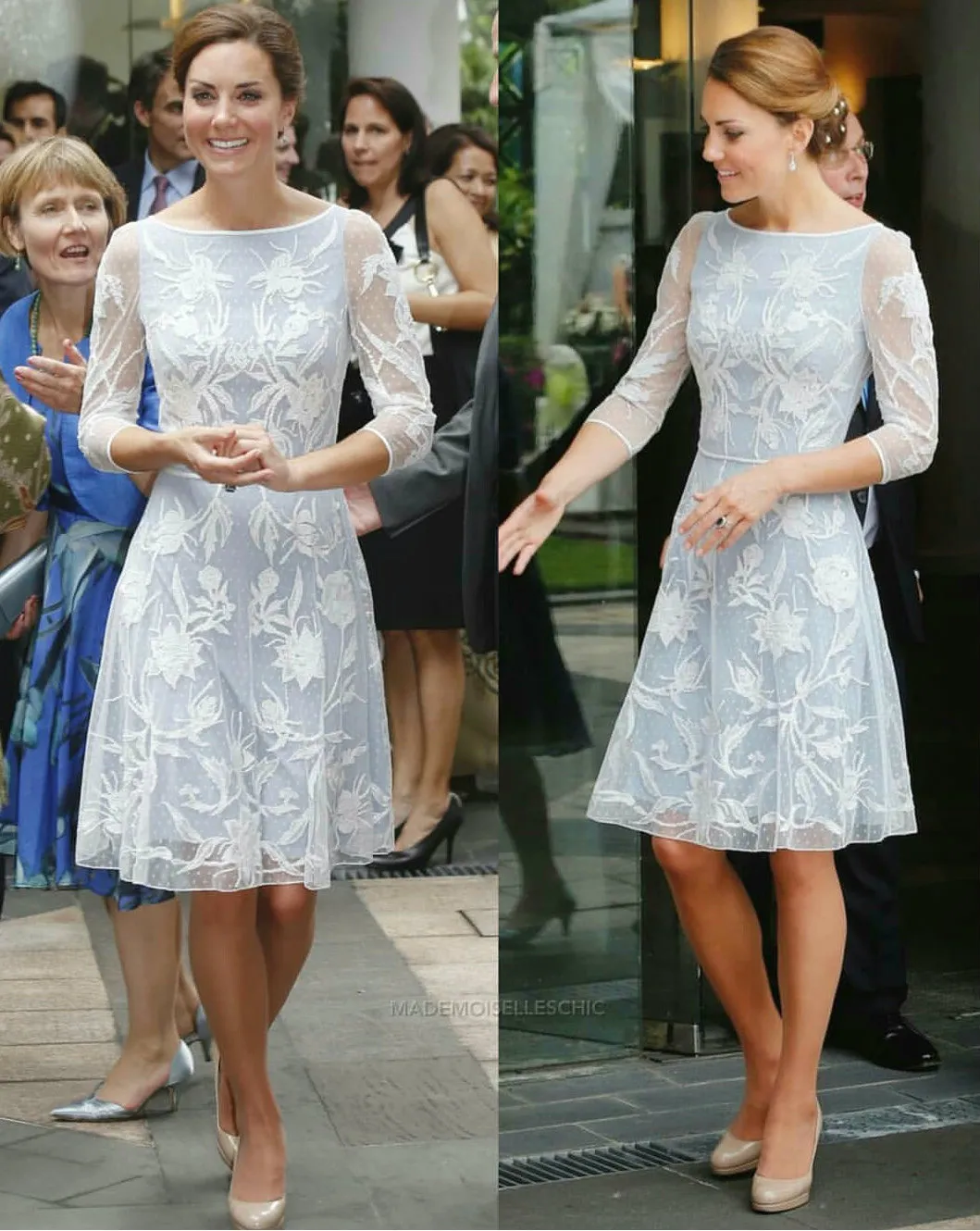 Floral-line Um Vestidos da princesa Kate completa Appliqued Lace Joelho de comprimento elegante vestido de baile Jewel manga comprida Partido vestido barato