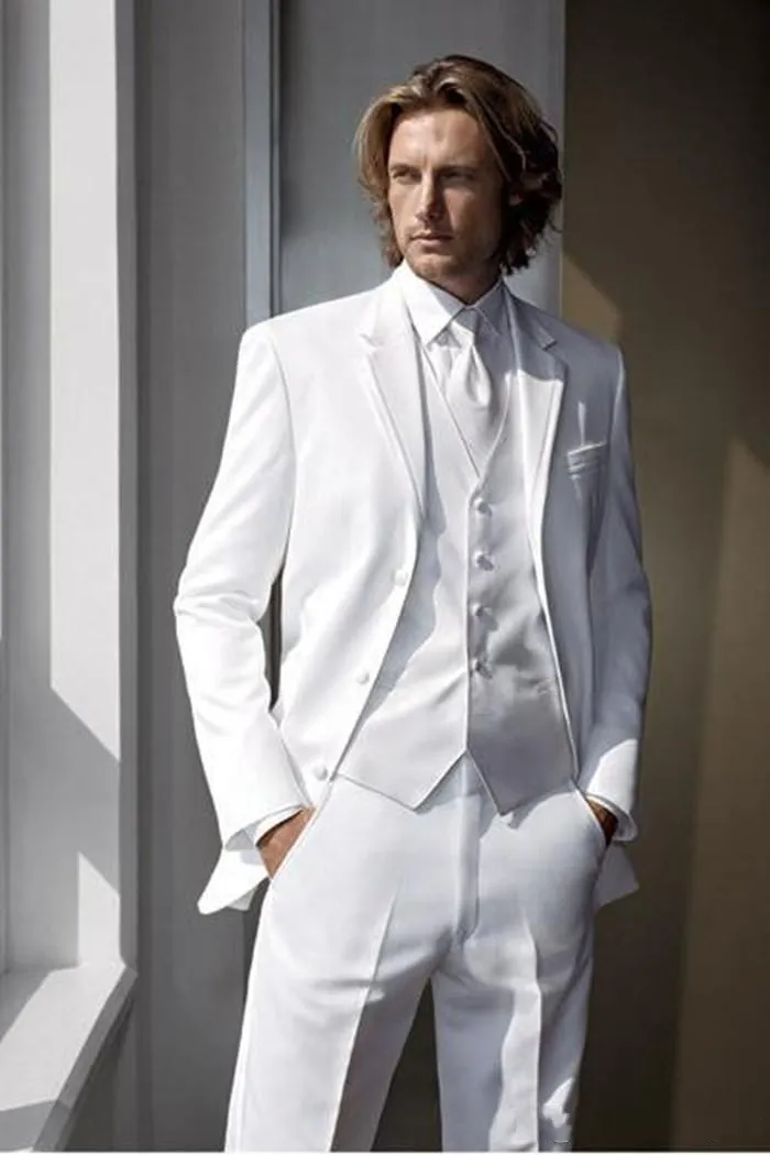 Brand New White Groom Tuxedos Tre Button Groomsmen Mens Bröllopsklänning Populära Man Jacka Blazer 3 Piece Suit (Jacka + Byxor + Vest + Tie) 891