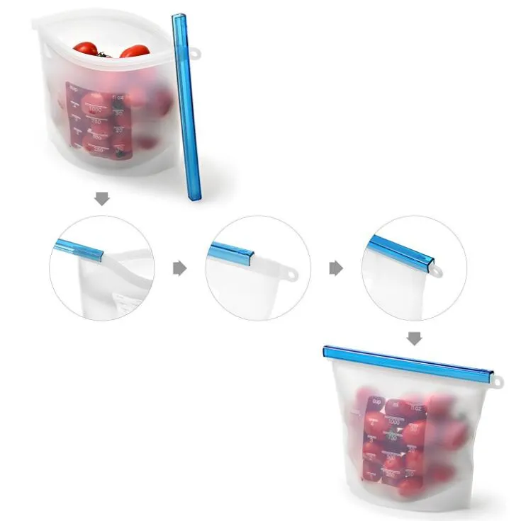 1500 ml / 1000ml Herbruikbare Siliconen Voedsel Verse Tassen Voedsel Conservering Tas Afdichting Opslag Container Draagbare Picknick Ziplock Tassen Gratis Schip