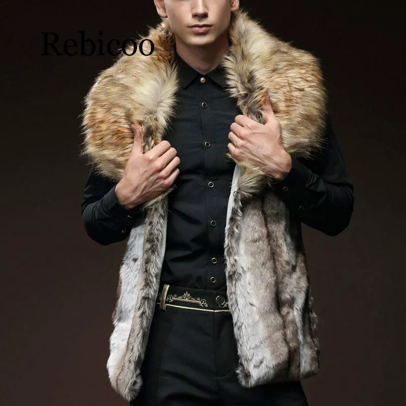 2019 Fashion Winter Jacket Men Fur Vest New Thick Fur Coat Hoodie Men Sleeveless Faux Collar Outerwear Clothing Coat Vests