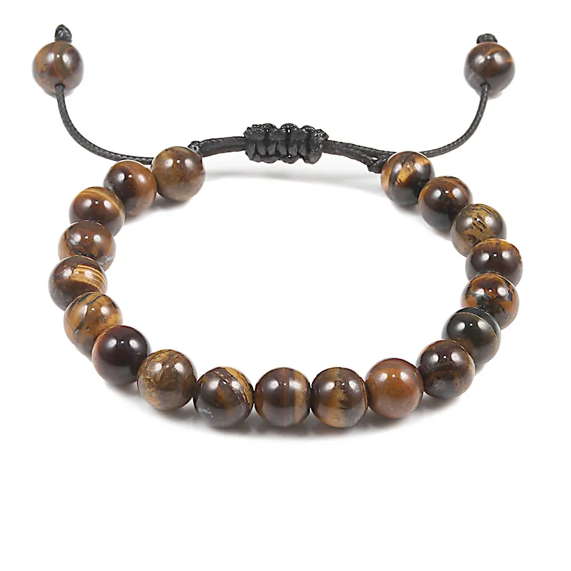 Pulsera de cuentas de piedra de ojo de tigre de 8 mm Cuerda trenzada Ajustable Lava negra Chakra Encanto Curación Equilibrio Pulseras de yoga para hombres Mujeres 1315k