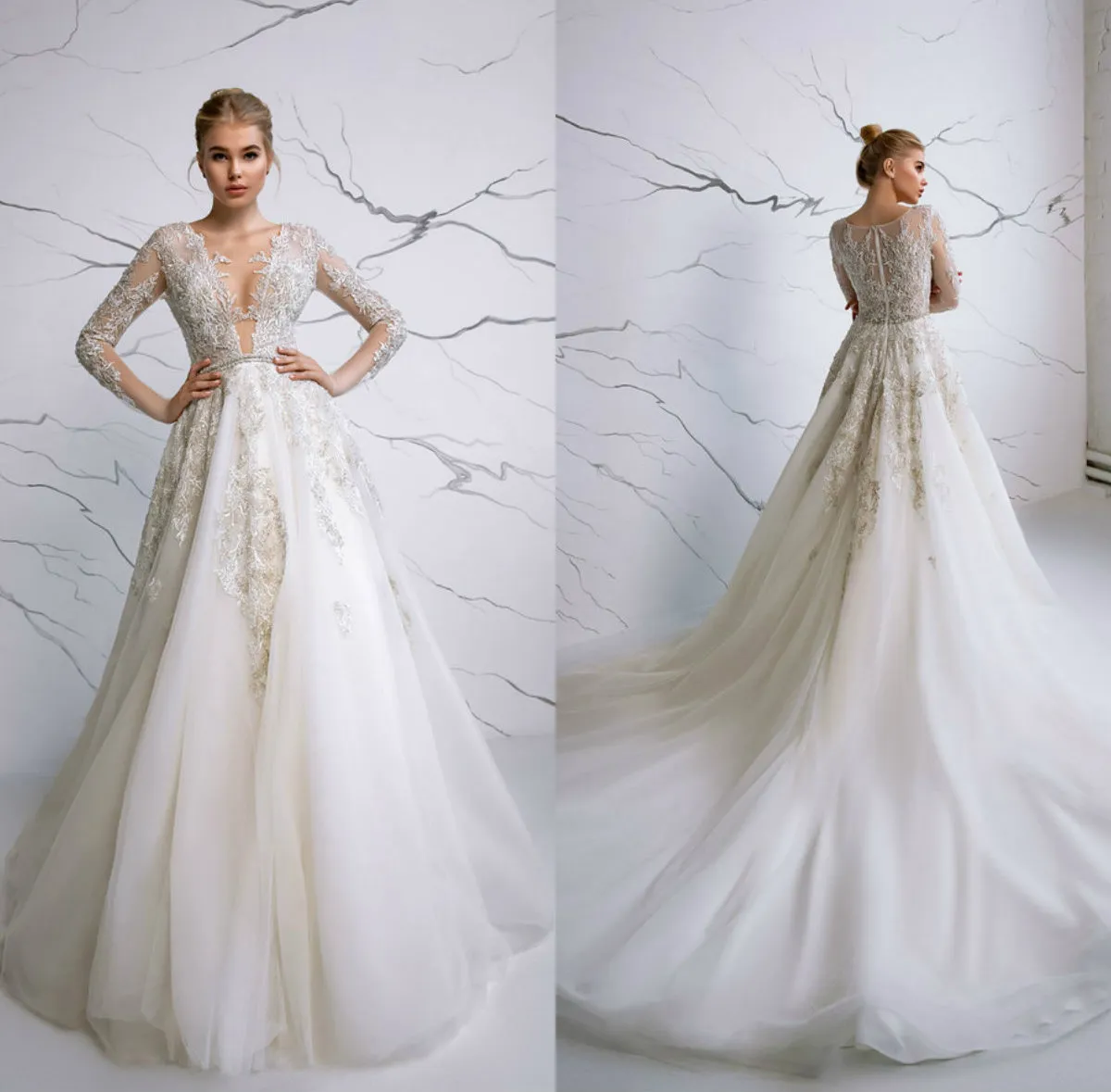 2020 Luxury Una linea vestiti da sposa Jewel maniche lunghe merletto Appliqued Tulle perline abito da sposa sweep treno increspato su ordine Robes de mariée