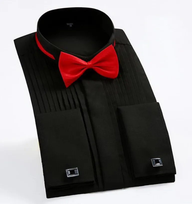 Esmoquin de boda para hombre, camisas de vestir de manga larga, gemelos franceses, pliegue de cola de golondrina, diseño de botón oscuro, camisa de caballero, blanco, rojo y negro