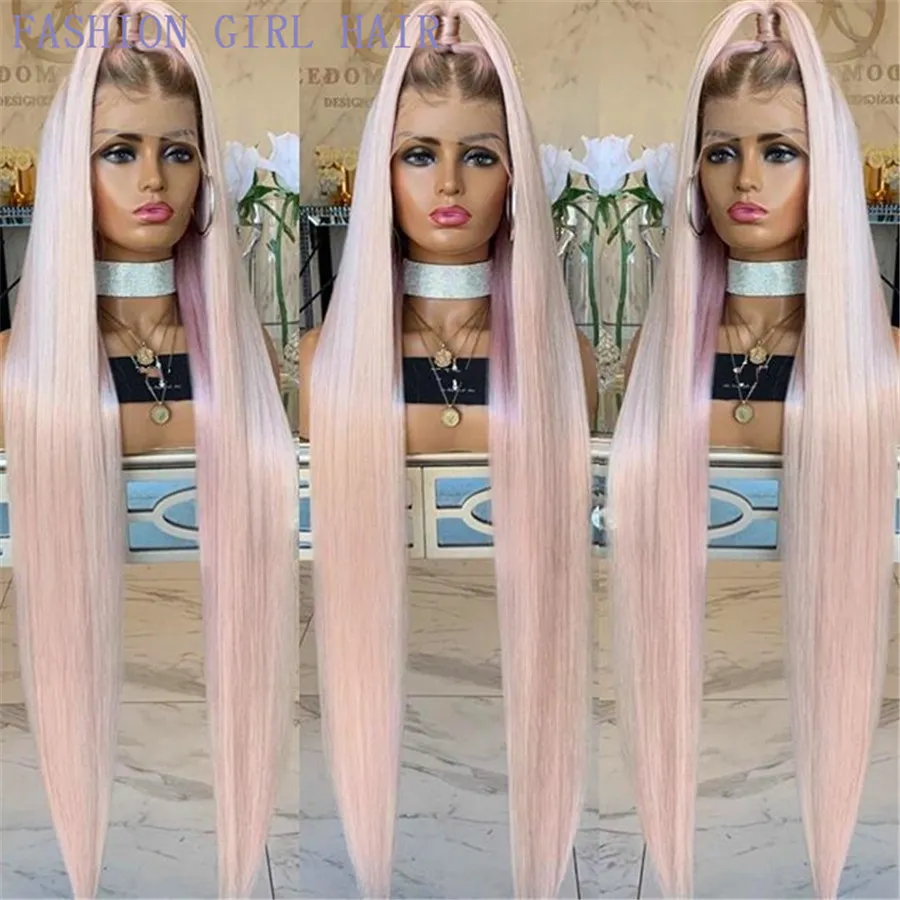 Ombre Long Straight Wigs Synthetic Light Pink Lace Front Wigs For Women Hair With Brown Roots Heat Resistant Fiber Wig