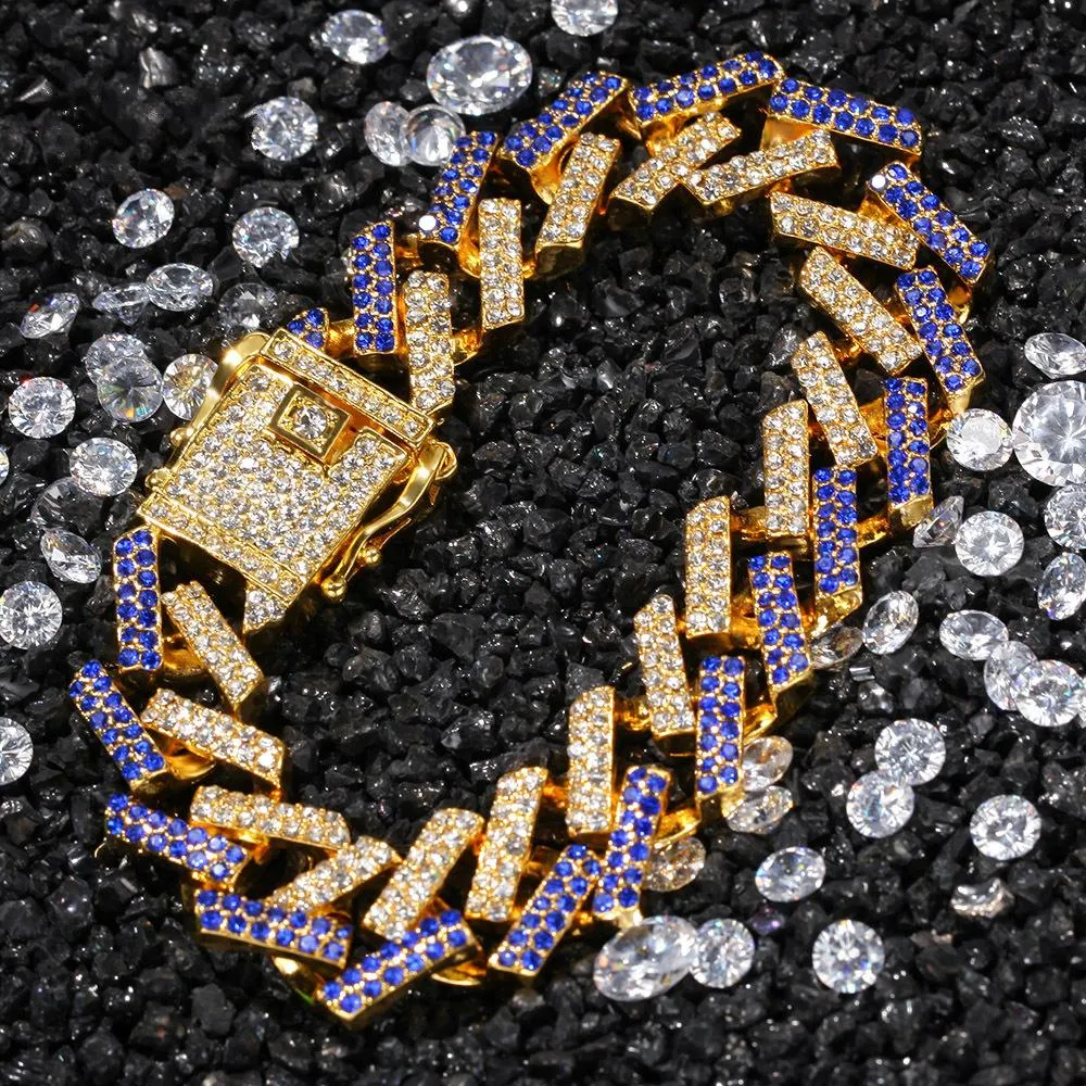 15mm 3 Farben personalisiertes Gold Silber Hip Hop Bling Diamant Kubanisches Kettenarmband für Männer Blau Schwarz Weiß Bijoux Herrenketten Schmuck