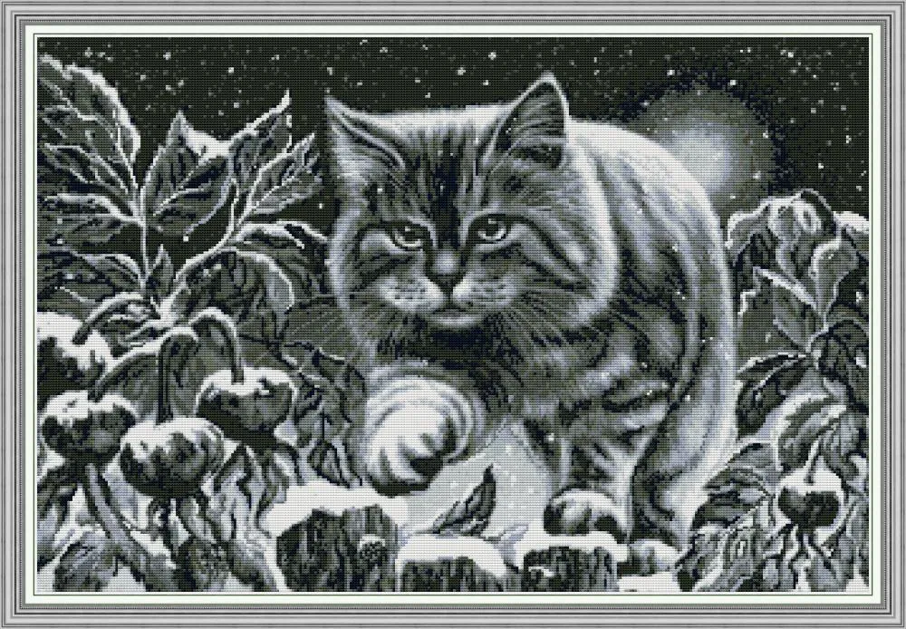 Gato preto na noite nevado Kit DIY Handmade Cross Stitch Ferramentas Ferramentas Bordado Needlework Conjuntos Contados Impressão em Canvas DMC 14CT / 11CT