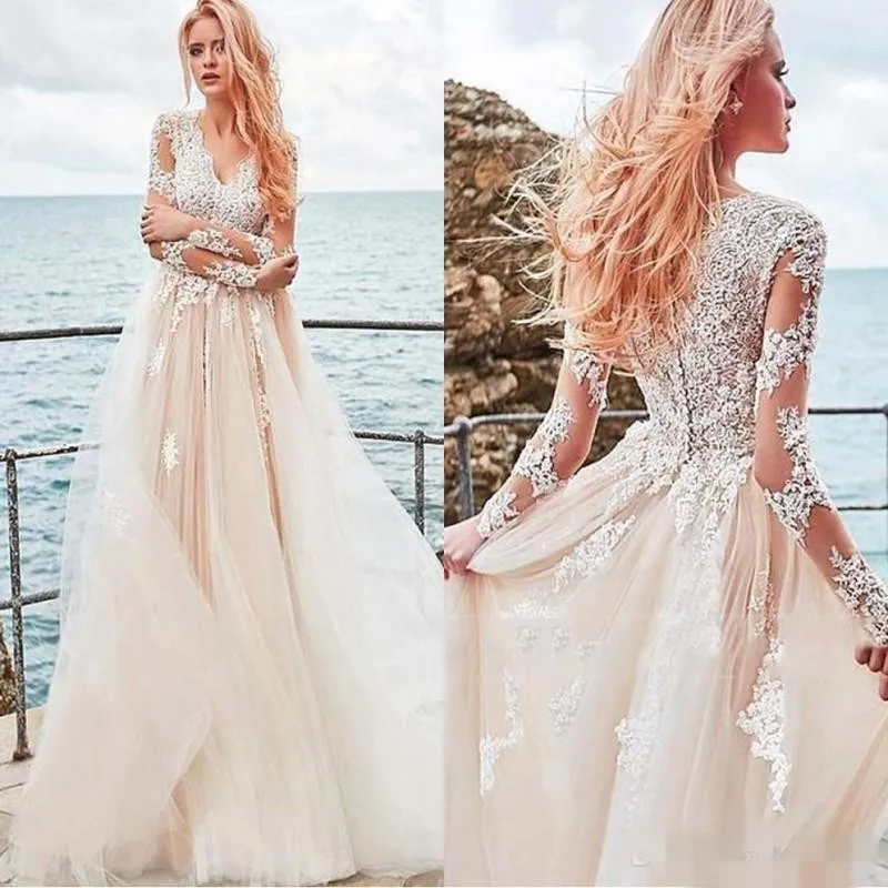 Blush V Hals überbackener Spitzenapplikationen Strandkleider 2020 Langarmgegner bedeckte Knöpfe Rücken Hochzeitskleid Plus Size Vestido de Novia