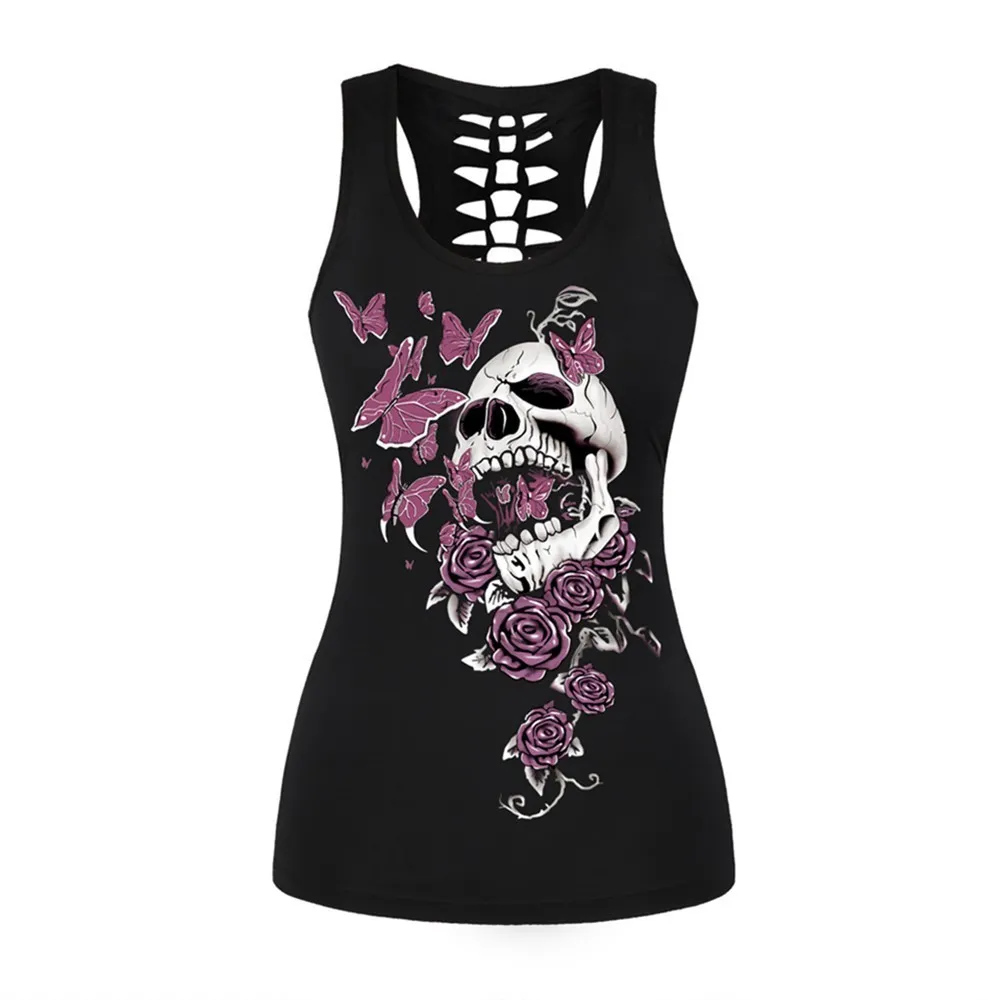 Sleeveless Tank Top Women: 3D Flower Skull Print, Gothic