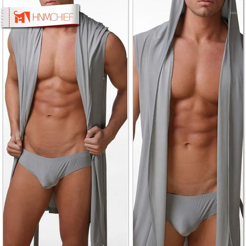 Men Sexy Sleeveless Sleepwear Robe Hooded Bathrobe Casual Pajamas Men's robes comfortable sexy robe homewear with underwear1