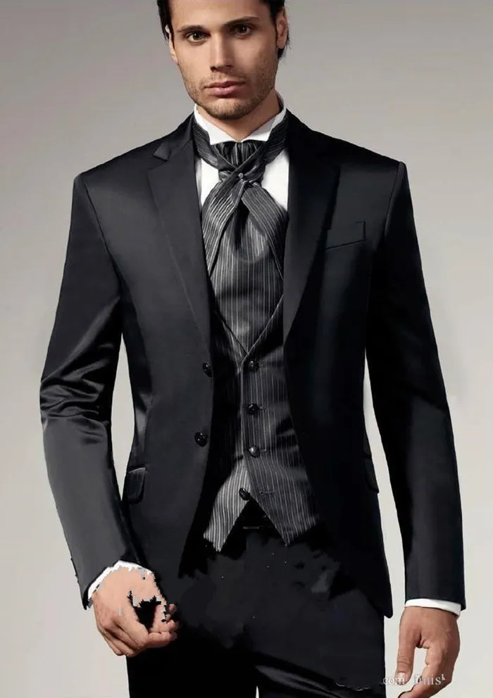 New Arrivals Two Buttons Black Groom Tuxedos Notch Lapel Groomsmen Best Man Wedding Prom Dinner Suits (Jacket+Pants+Vest+Tie) 1500