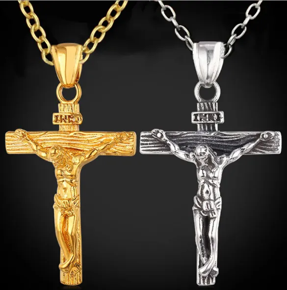 U7 Crucifix Croix Pendentif Collier Bracelet Or/Noir Pistolet Plaqué/Acier Inoxydable Mode Bijoux Religieux pour Femmes/Hommes Foi Collier