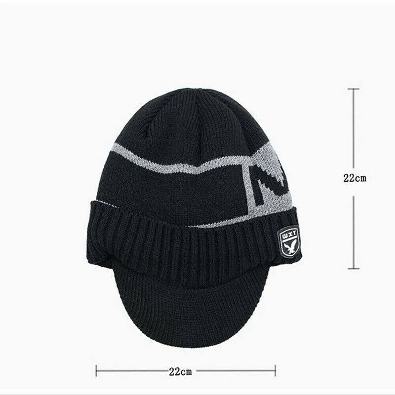 Men Women Warm Winter Hat Knit Visor Beanie Fleece Lined Billed