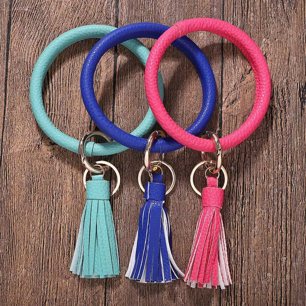 Designer Leather Tassel Key Ring Charm Magenta Bangles Bracelet For Women Wholesale Fashion
