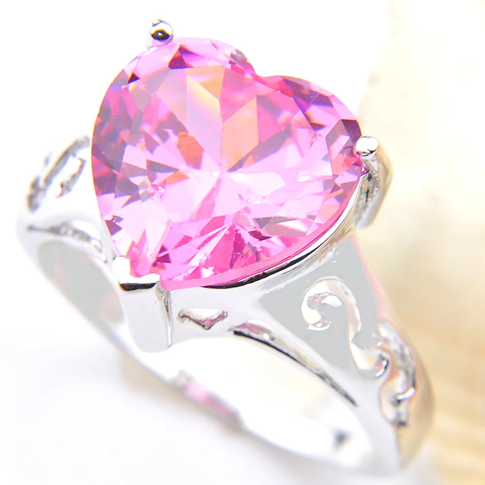 10 Sztuk / partia Luckyshine Women Pink Kunzite Topaz Gems 925 Srebrne Serce Cyrkonia Pierścień Bijoux Party Pierścionki ślubne Rozmiar 7 8 9