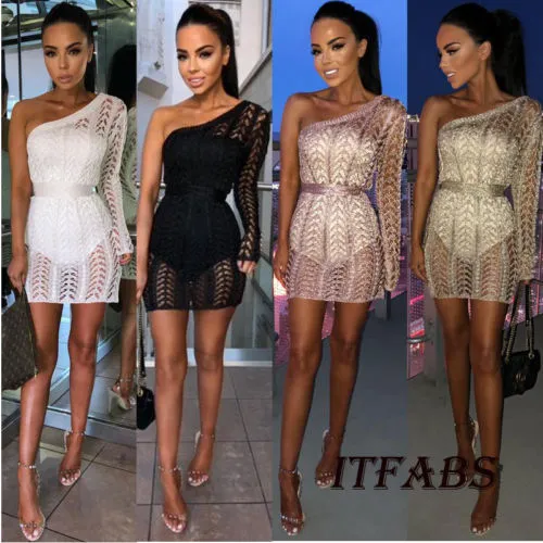 Новый сексуальный Женщины Clubwear платье Knit Bodycon платье одно плечо одного рукава Sexy Тонкий Clubwear вечер Короткие мини