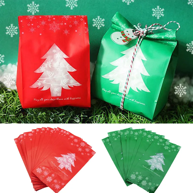Christmas Gift Bags Xmas Tree Plastic Packing Bag Snowflake Christmas Candy Box New Year Kids Favors Bag 20pcs
