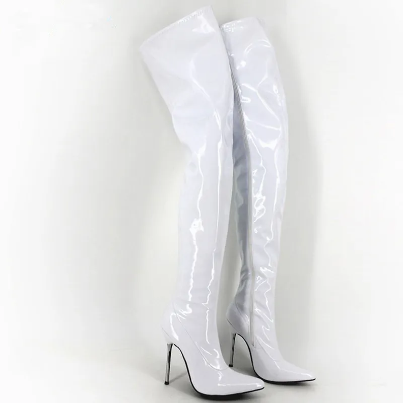 12cm High Heel White Exotic Fetish Sexy Metal Thin Heel Boots Women Plus Size 45 Pointed Toe Thigh High Boots