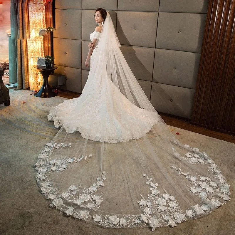 veli da sposa da sposa lunghezza cattedrale applicazioni floreali 3d due strati veli bianchi avorio su misura con pettine accessori sposa