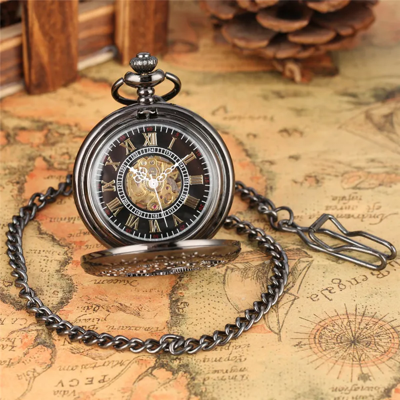 Reloj de bolsillo negro Vintage Steampunk para hombre y mujer relojes mec nicos de cuerda manual caja ahuecada con cadena colgante reloj de