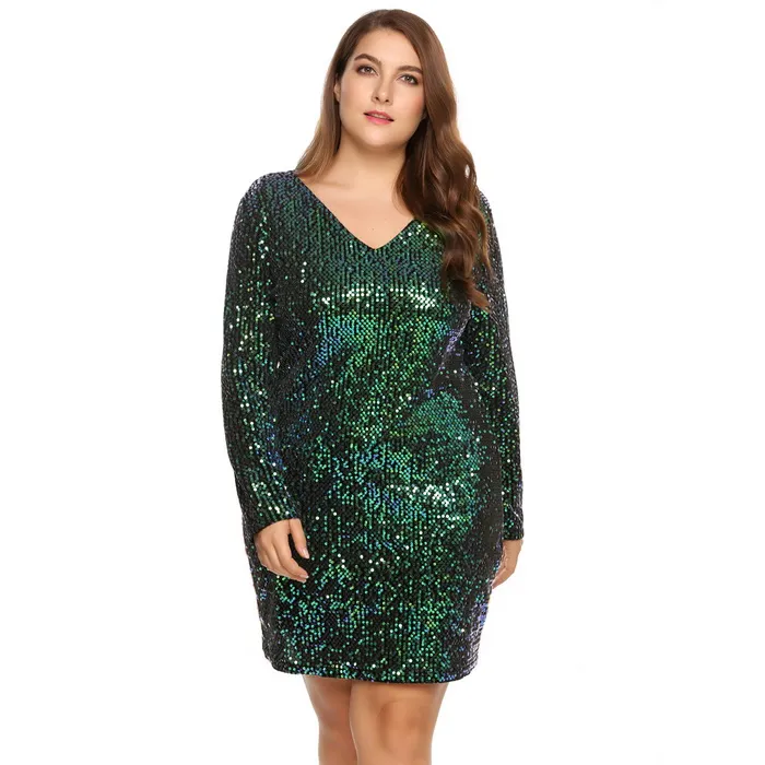 Kvinnors Klänning Plus Storlek Sexig DEEP V-Neck Långärmad Sequined Bodycon Cocktail Club Slida Loose Ladies Kvinnor Klänningar