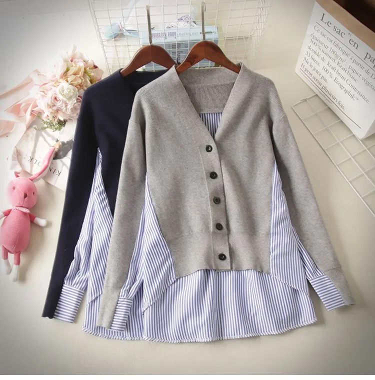 Nouveau design femmes automne tricoté col en v patchwork rayure asymétrique pull irrégulier blouse top coat lâche coréen casacos