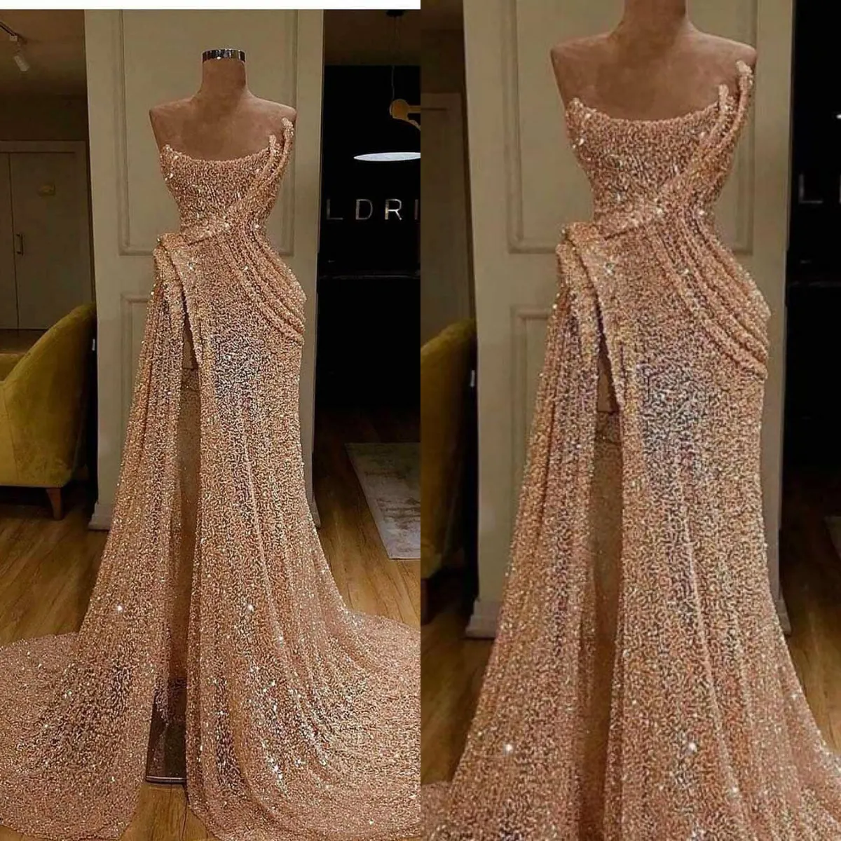 2020 paillettes sirène robes de soirée Champagne paillettes côté fendu dentelle formelle robes de soirée sur mesure longues robes de bal