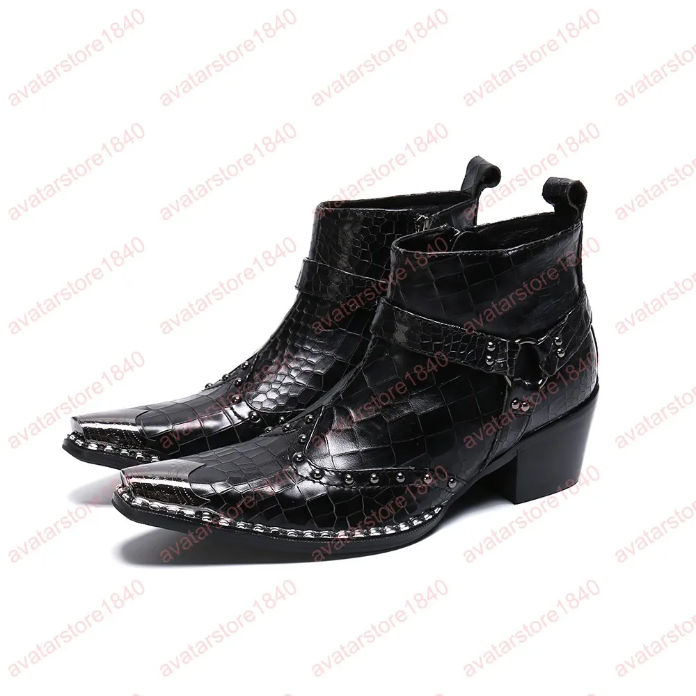 Män skor äkta läder stövlar ny mode enkelhet metall pekade tå stövlar stor storlek dragkedja kort stövlar
