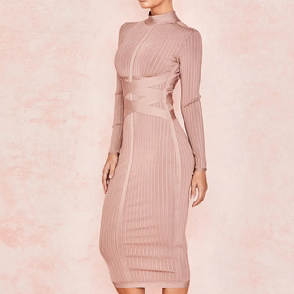 nude bodycon dress long sleeve Elastic Mesh Long Sleeve Dress - Nude