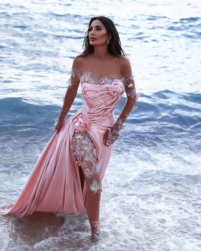 2020 Pink Sheer Off-Shoulder pink prom dress with 3D...