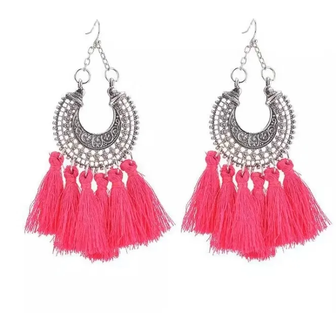 Wholesale-tassels dangle earrings for women Bohemia crescent charm ear drops girl Ethnic style jewelry yellow green blue black pink orange