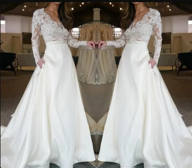 Spets satin a-line långa ärmar bröllopsklänningar 2019 ren illusion topp formella brudklänningar med fickor boho bröllopsklänningar skräddarsydd